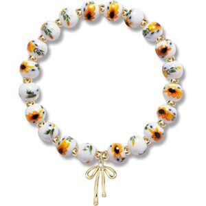 Beads Bow Stretch Bracelet for Women Vintage Flower Charm Bracelet Handmade Gold